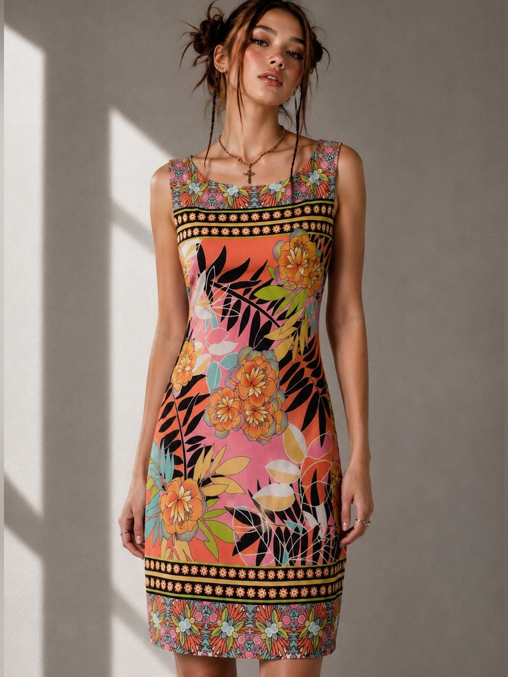 CACHE Y2K Bright Floral Sheath Dress Pink Retro Mod Bodycon Size 10